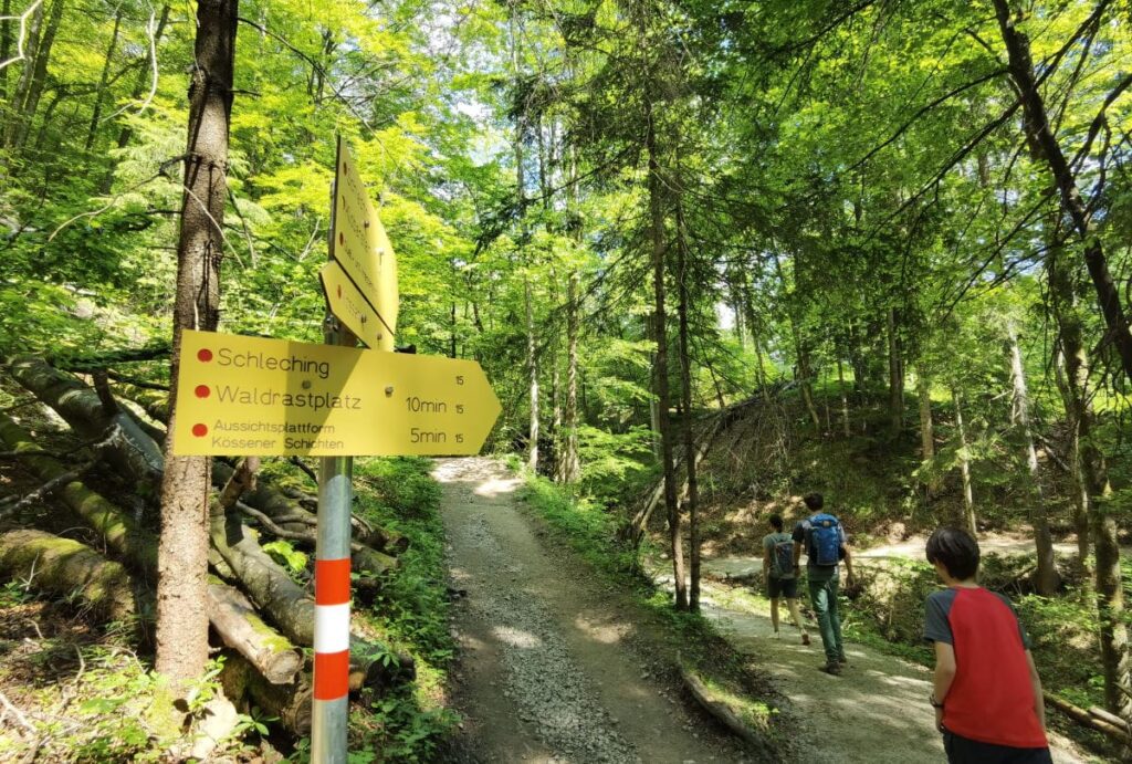 Schmugglerweg Kössen - links der ursprüngliche Schmugglerweg, rechts führt die Variante zur Aussichtsplattform