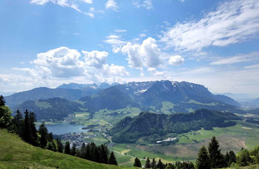 Blick von oben auf den Walchsee, das Moor, Zahmer Kaiser und Wilder Kaiser